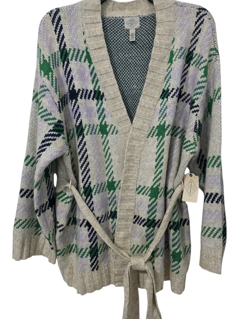 St. John's Bay Wrap Sweater Plaid Open-Front Cardigan - Green, Lavender, Navy - Picture 1 of 8